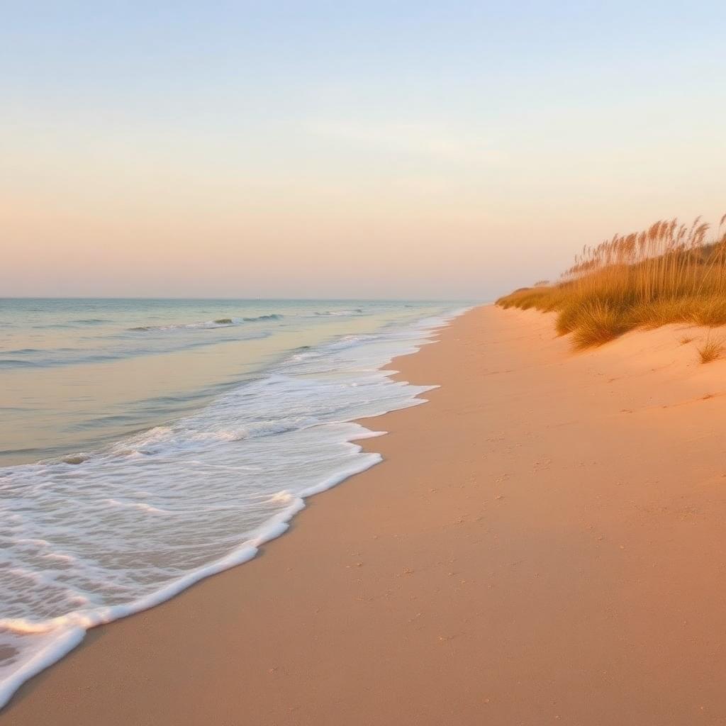 Peaceful Edisto Island beach at golden hour with gentle waves and sea oats